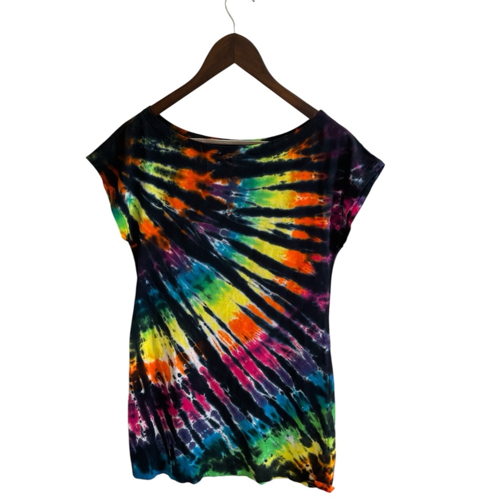 Liquid Blue Rainbow Black Streak Multicolor Tie-Dye Short Sleeve Sundress